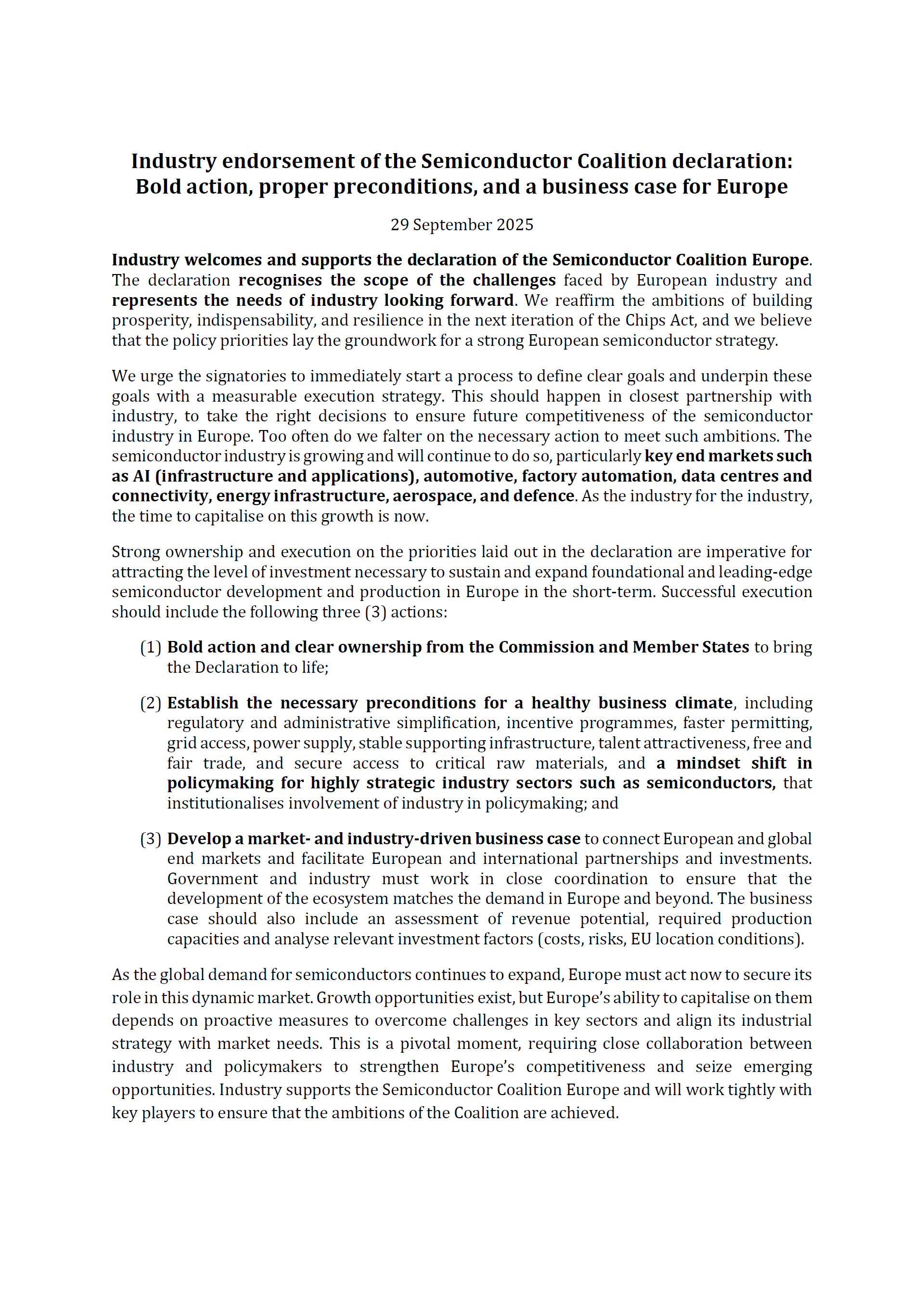 Industry endorsement of the Semiconductor Coalition declaration